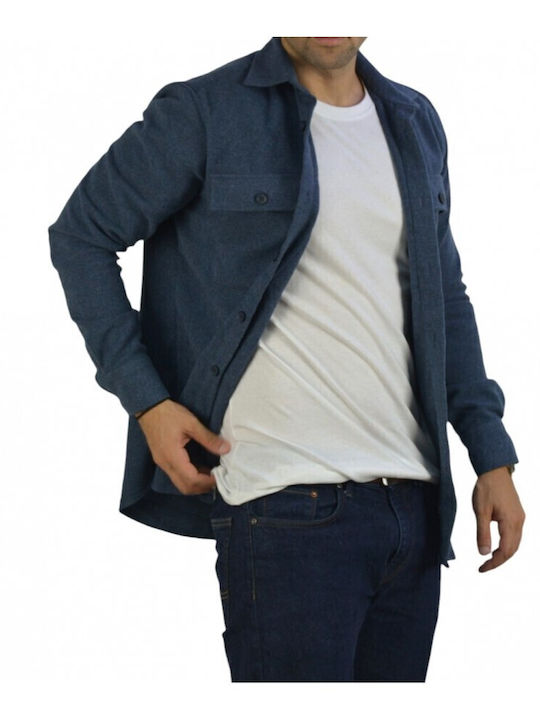 Μακρυμάνικo Φανελένιο Overshirt σε Κανονική Γραμμή Μπλε