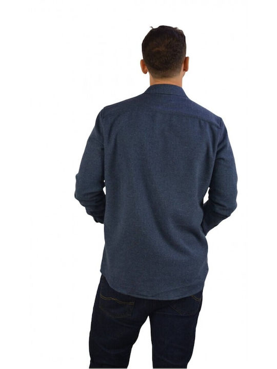 Μακρυμάνικo Φανελένιο Overshirt σε Κανονική Γραμμή Μπλε