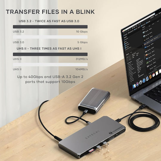 Satechi Thunderbolt 4 Stație de andocare cu PD Ethernet și conexiune 2 monitoare Gri
