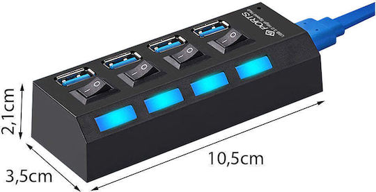 USB Hub 4 Ports USB 3.0 High Speed On Off Button Power Cable Black