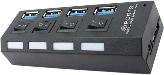 USB Hub 4 Ports USB 3.0 High Speed On Off Button Power Cable Black