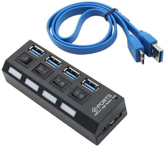 USB Hub 4 Ports USB 3.0 High Speed On Off Button Power Cable Black