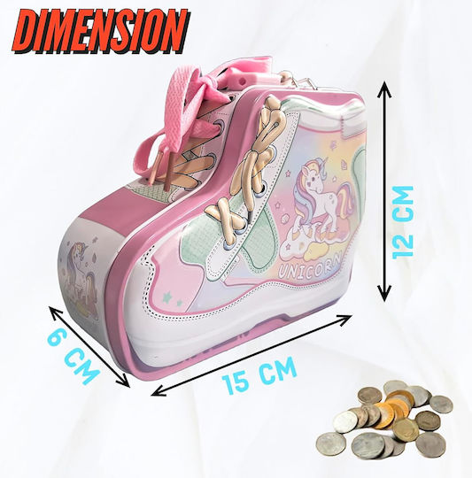 Pușculiță pentru copii în formă de pantof Dino Unicorn cu lacăt 12x15x6cm Albastru Roz