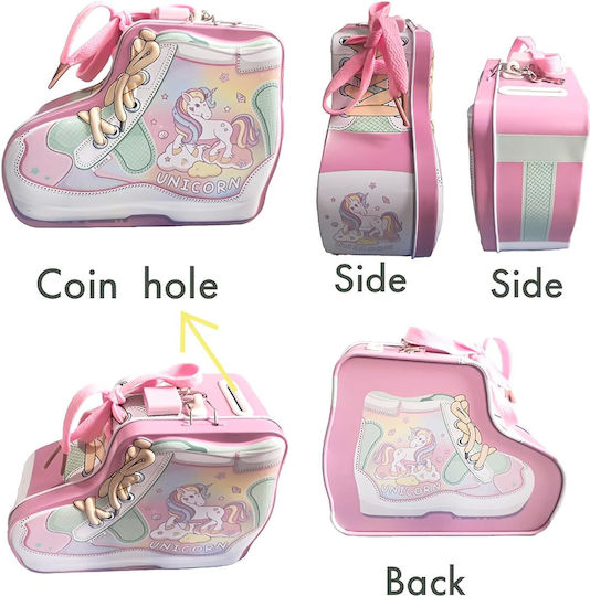 Pușculiță pentru copii în formă de pantof sport Dino Unicorn cu lacăt 12x15x6cm Albastru Roz