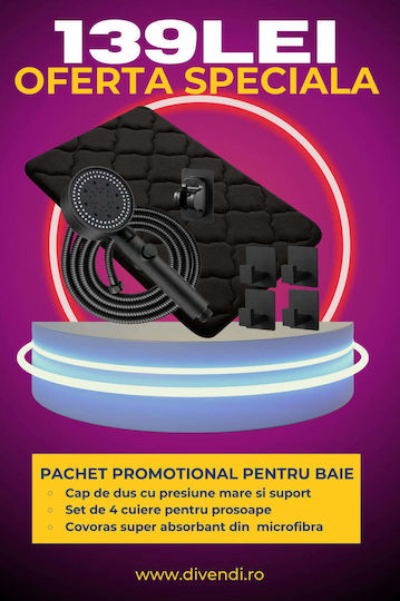 Cap de duș 4 suporturi pentru prosoape covoraș de baie negru