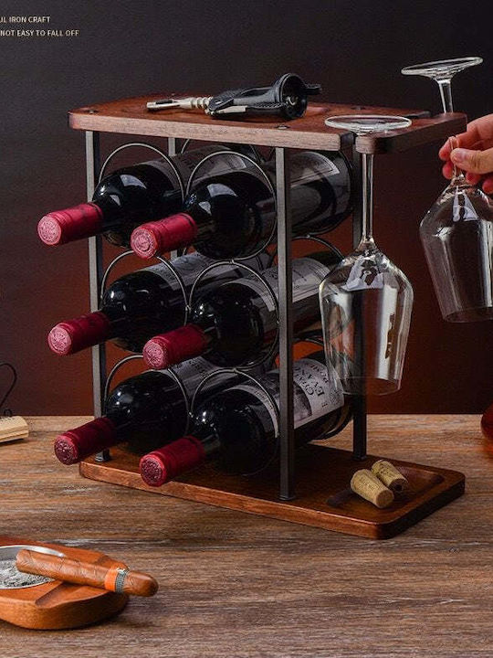 Suport pentru 6 Sticle de Vin 2 Pahare Oțel Lemn 34x16x35 Cm Negru-maro
