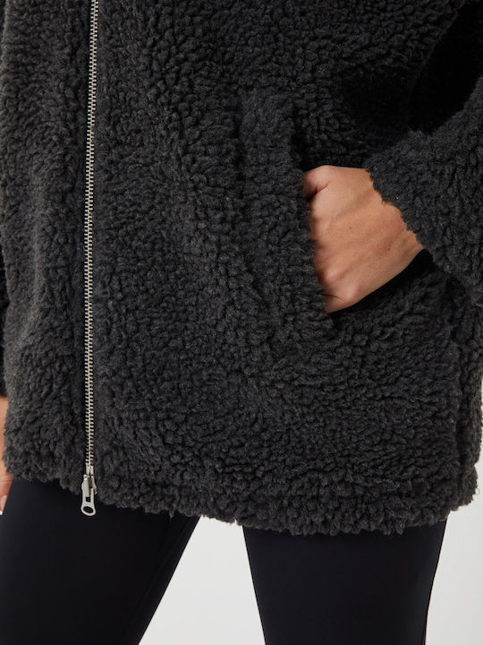 Μακριά Fleece Γυναικεία Ζακέτα με Φερμουάρ Dark Antracite Melange