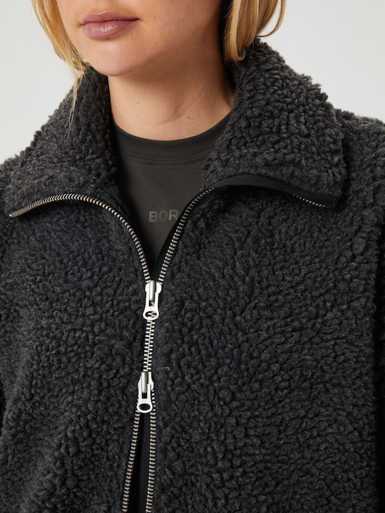 Μακριά Fleece Γυναικεία Ζακέτα με Φερμουάρ Dark Antracite Melange