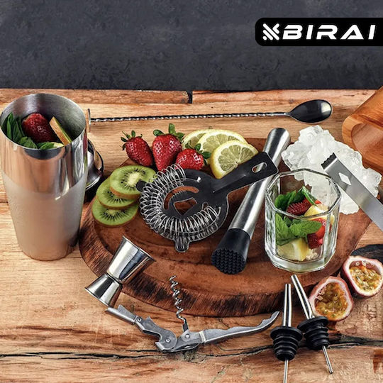 Barman Set Drink Preparation Birai 10 Pieces 550 Ml Cocktail Shaker Stainless Steel Premium Bamboo Stand Spoon Strainer Corkscrew Double Jigger Muddler Pure R
