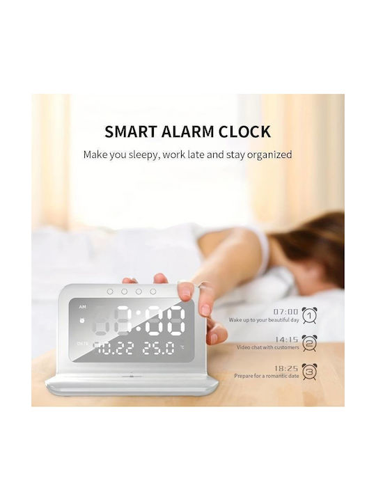 Ceas De Masă Digital Led Cu Ceas Deșteptător Și Încărcare Wireless Alb
