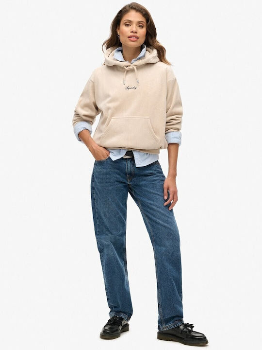 Long Women's Sweatshirt Velvet Hooded Beige