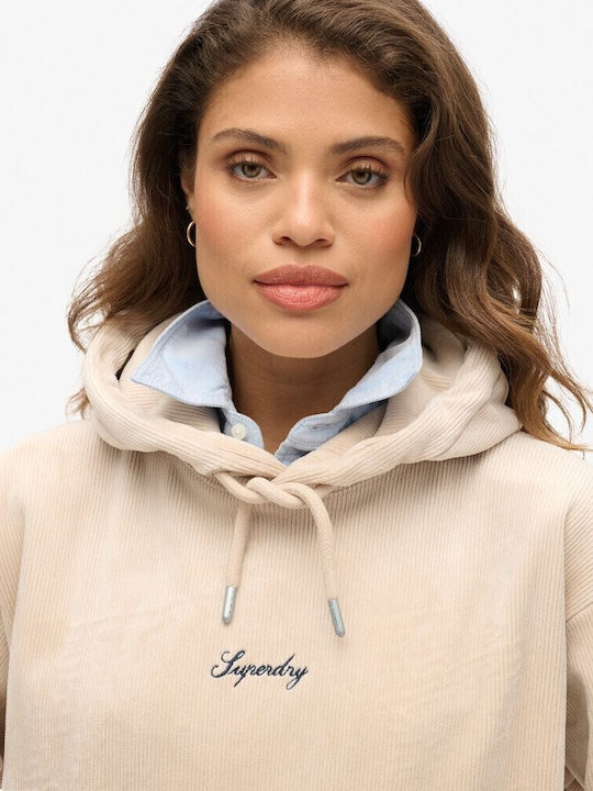 Long Women's Sweatshirt Velvet Hooded Beige
