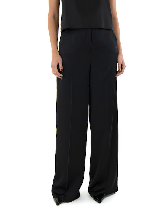 Dolce Domenica Women's High-waisted Satin Trousers in Straight Line Black