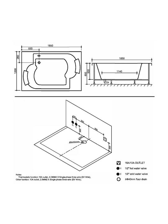 Piccadilly 1202020143 Μπανιέρα Ακρυλική με Υδρομασάζ 185x120x65cm