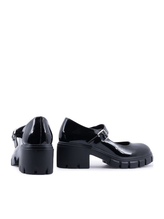 Patent Leather Black Medium Heels with Strap