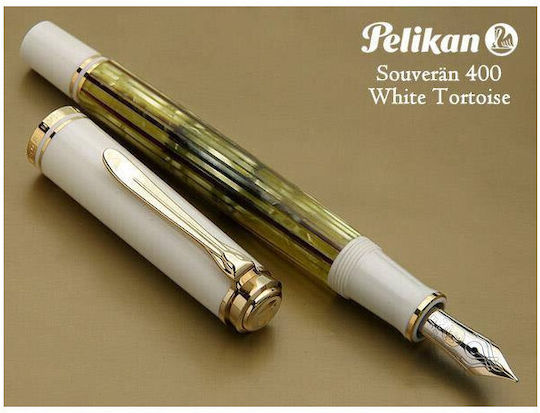 Pelikan Souveran M400 Tortoise Πένα Γραφής Extra Fine Λευκή με Μπλε Μελάνι