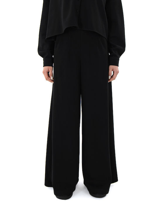 Moutaki Women's High-waisted Fabric Trousers with Elastic in Wide Line Black