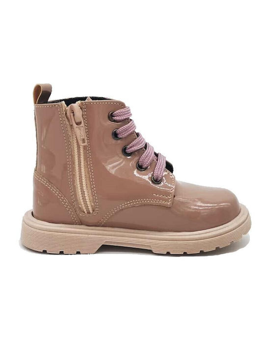 Ricco Mondo Kids Leather Anatomic Military Boots with Zipper Pink