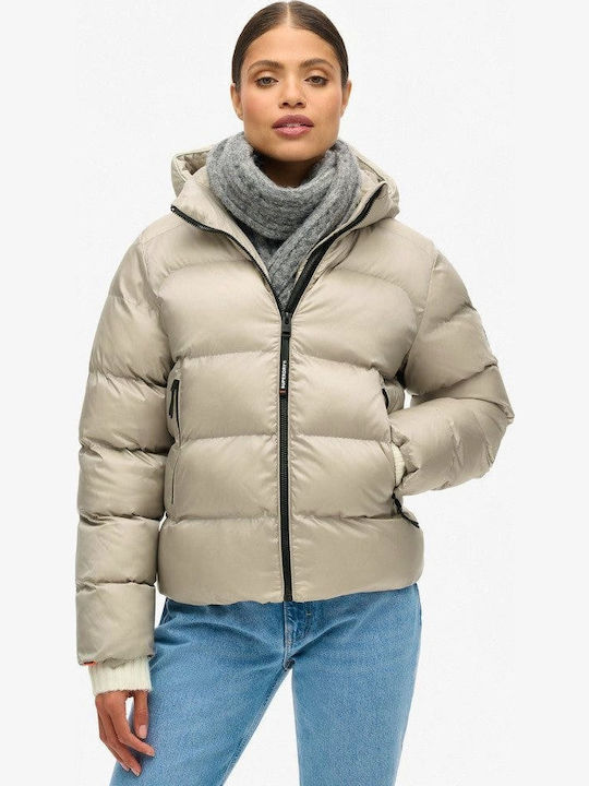 Women's Short Sports Jacket for Winter with Hood Beige