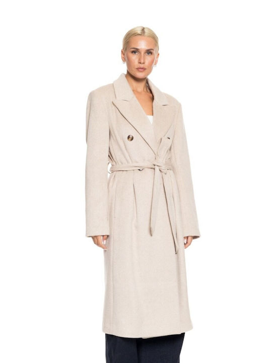 Biston Women's Long Coat with Belt Lt Beige