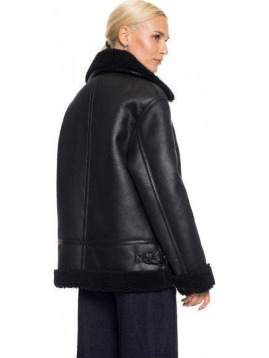 Μουτόν Γυναικείο Biker Jacket Μαύρο