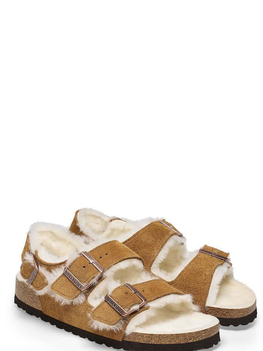 Birkenstock Milano Shearling Кожени Дамски сандали в Кафяв Цвят Тесен Fit