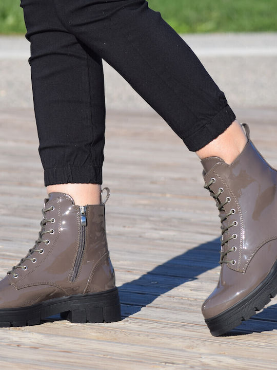 Women's Patent Leather Ankle Boots with Medium Heel Khaki