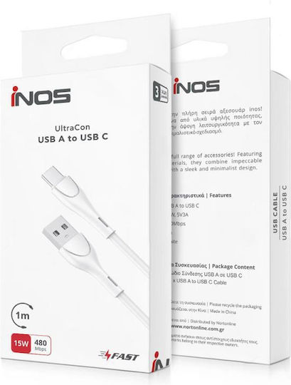 iNOS Regular USB 2.0 Cablu USB-C bărbătesc - USB-A 15W Alb 1m