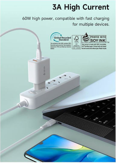 Devia USB 2.0 Cable USB-C Male - USB-C 60W PD White 1m EC636