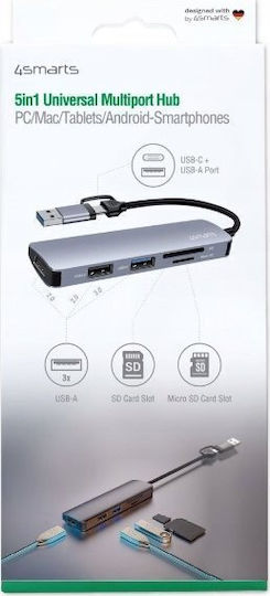 4Smarts Hub 3 Θυρών USB 2.0 με σύνδεση USB-A / USB-C Γκρι