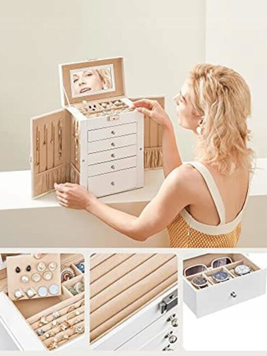 Jewellery Box MDF PU Velvet White Beige Mirror 26x15.6x32 cm Artool