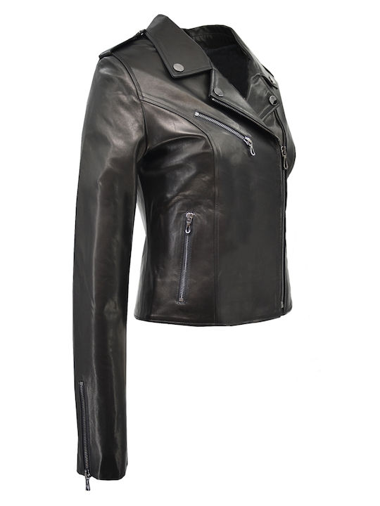 Women's Short Lifestyle Leather Jacket for Winter Black