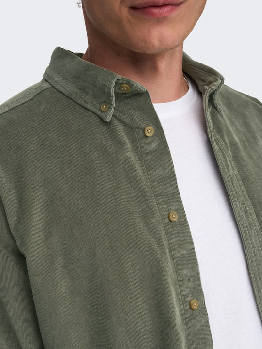 Μακρυμάνικo Κοτλέ Overshirt σε Κανονική Γραμμή Χακί
