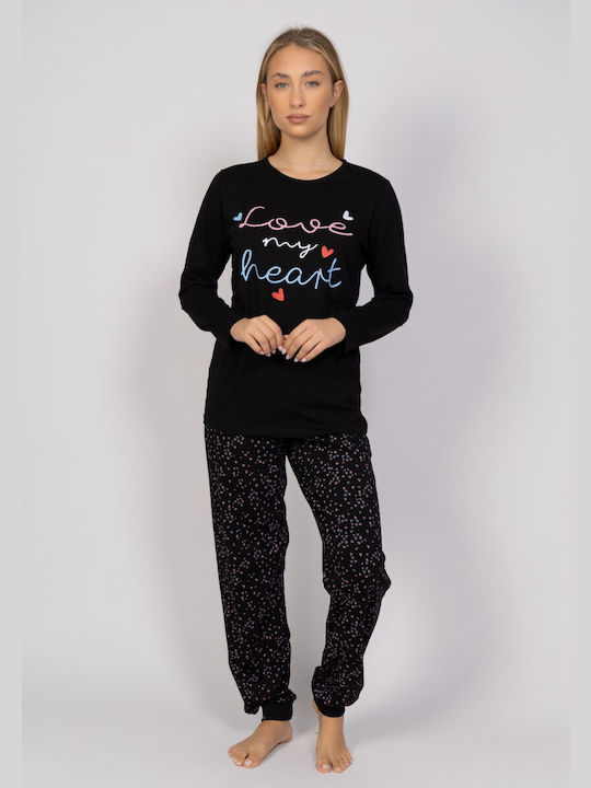 Cherry Underwear Winter Damen Pyjama-Set Baumwolle Black Heart