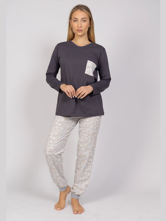 Cherry Underwear Winter Women's Pyjama Set Cotton Grey