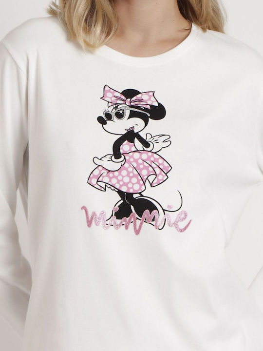 Disney Χειμερινό Γυναικείο Σετ Πιτζάμας Βαμβακερό Off White Minnie