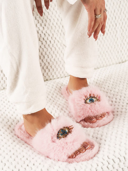 Pink Fur Eye Design Slippers