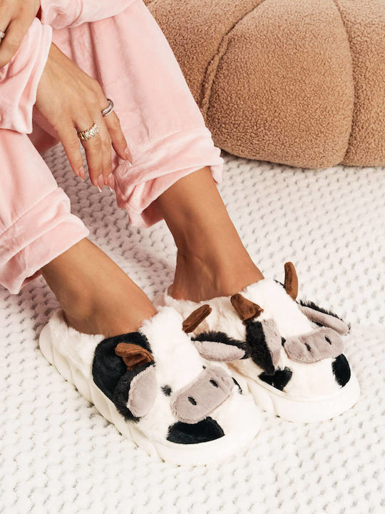 Black Cute Cow Print Furry Slippers