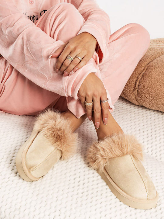 Beige Winterhausschuhe mit Fellbesatz