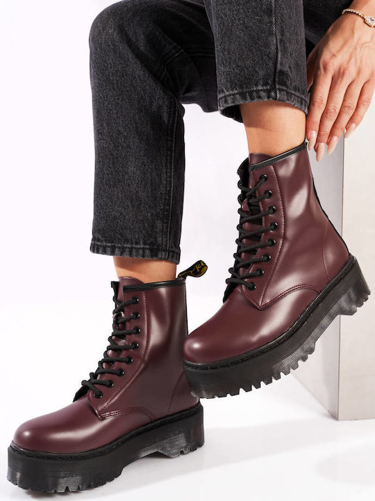 Burgundy Matte Platform Lace-Up Ankle Boots