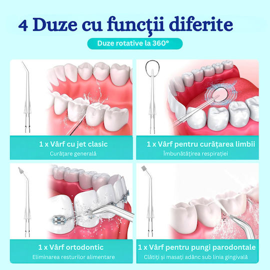 Irigator Oral Profesional Fără Fir Birai Aparat de Curățare Dentară cu Apă Portabil L15 Inteligent Eficient 5 Programe de Lucru 1800 Pulsuri Min IPX7 Rezistent la Apă Rotire 360 de Grade 4 Capete