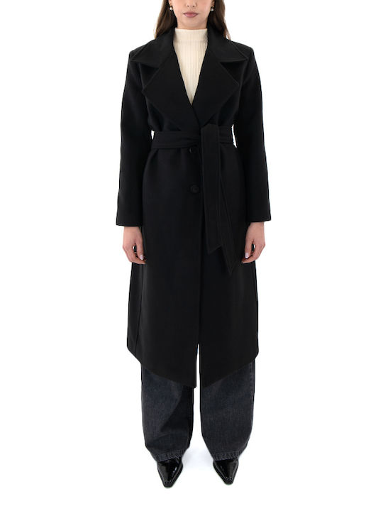 Moutaki Women's Long Coat with Belt Black (Black)