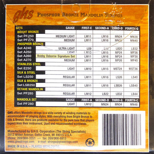 GHS Strings Phoshor Bronze Mandolin Σετ Χορδών Phosphor Bronze Μαντολίνου 10 - 36" Light