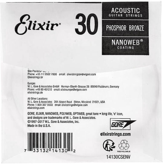 Elixir Single Phosphor Bronze String for Acoustic Guitar Nanoweb Loop End .030"