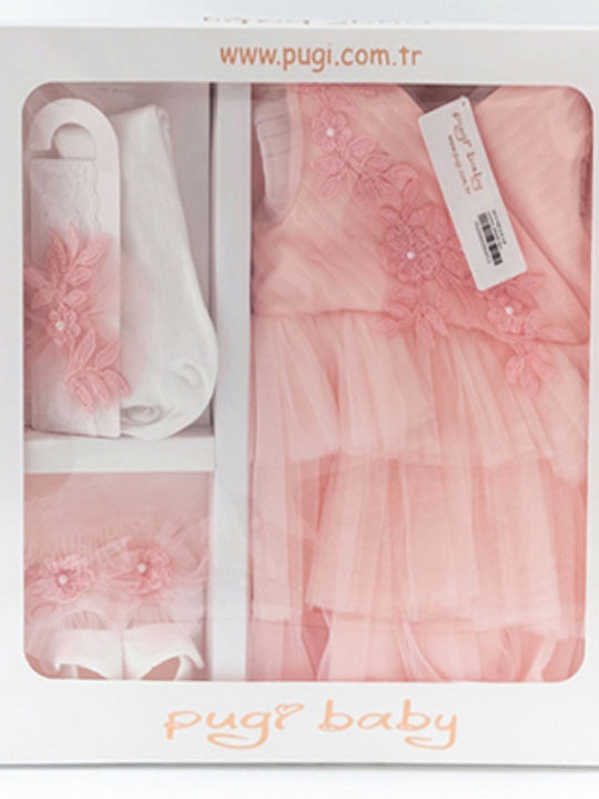 Pugi Flowers Salmon Baptism Clothes Set with Hair Accessories and Lace Dress 2 Pieces