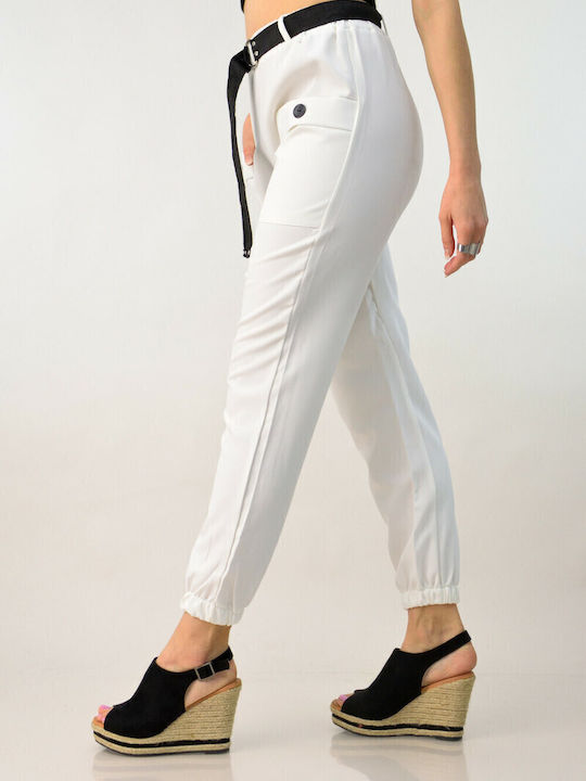 Damen Stoff Capri Hose mit Gummizug in Lockere Passform White