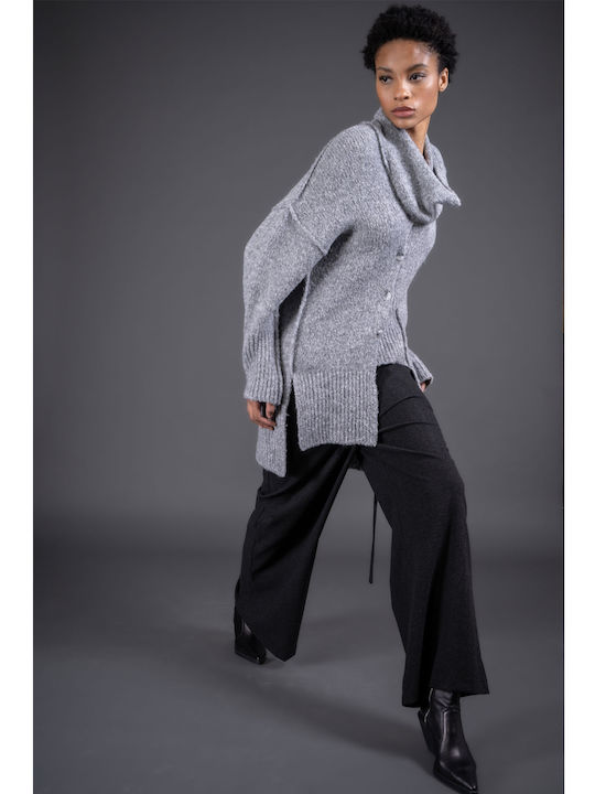 Lange Gestrickte Damen Strickjacke mit Knöpfen Grau