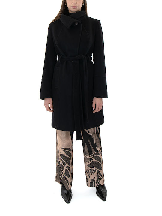 MY T Women's Wool Long Coat with Belt black