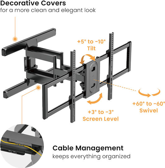 Powertech PT-1280 Wall TV Mount with Arm up to 100" and 60kg Silver