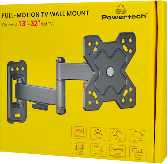Powertech PT-1278 Βάση Τηλεόρασης Τοίχου με Βραχίονα έως 32" και 20kg Μαύρο